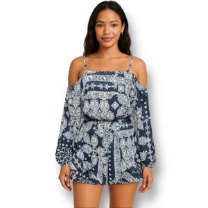 Altar’d State S Navy White Romper Cold Shoulder Floral Boho Festival Ruffle Hem